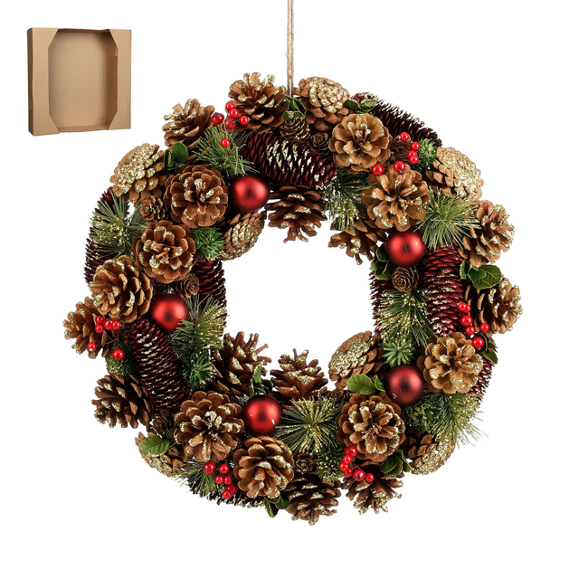 kerstkrans, pine cones, kegels, rode ballen, hulsttakken