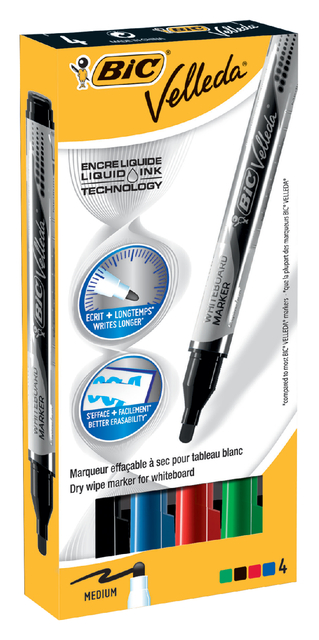 Whiteboardmarker Bic Velleda liquid rond medium assorti 4 stuks