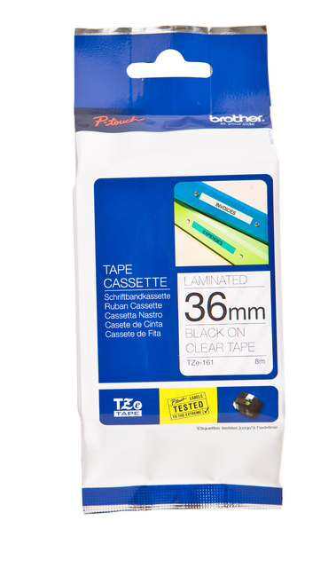 Labeltape Brother P-touch TZe-161 standaard 36mm zwart op transparant Labeltape Brother P-touch TZe-161 standaard 36mm zwart op transparant