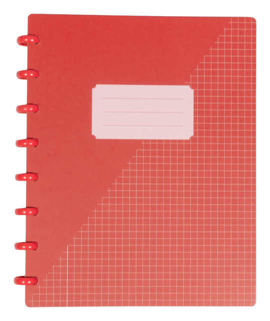notitieboek, spiraalbinding, rode kleur, grid patroon, labelvlak