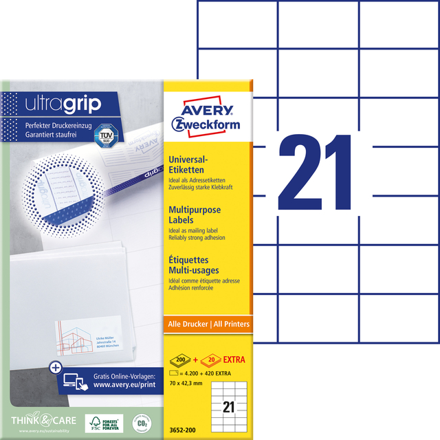 Etiket Avery Zweckform 3652-200 70x42.3mm wit 4200stuks
