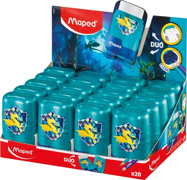 Puntenslijper Maped Connect Dragon 2-gaats met gum display a 20 stuks blauw