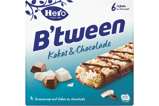 Tussendoortje Hero B'tween kokos chocolade 6pack reep 25gr Tussendoortje Hero B'tween kokos chocolade 6pack reep 25gr