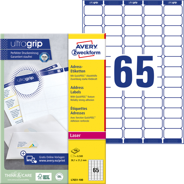 Etiket Avery L7651-100 38.1x21.2mm wit 6500stuks