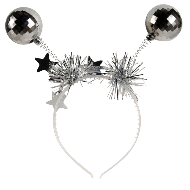 diadeem, zilverkleurig, discoballen, sterren, feestaccessoire