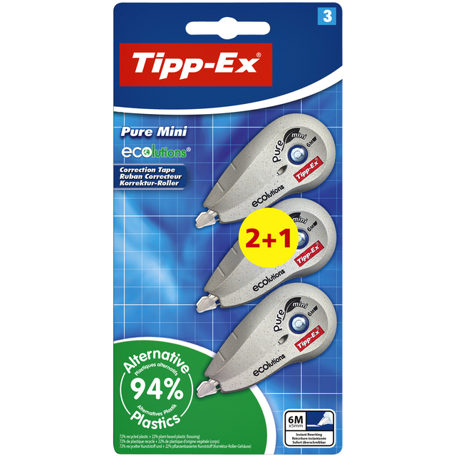 Correctietape Tipp-Ex mini pure ecolutions 5mmx6m blister 2+1 gratis Correctietape Tipp-Ex mini pure ecolutions 5mmx6m blister 2+1 gratis
