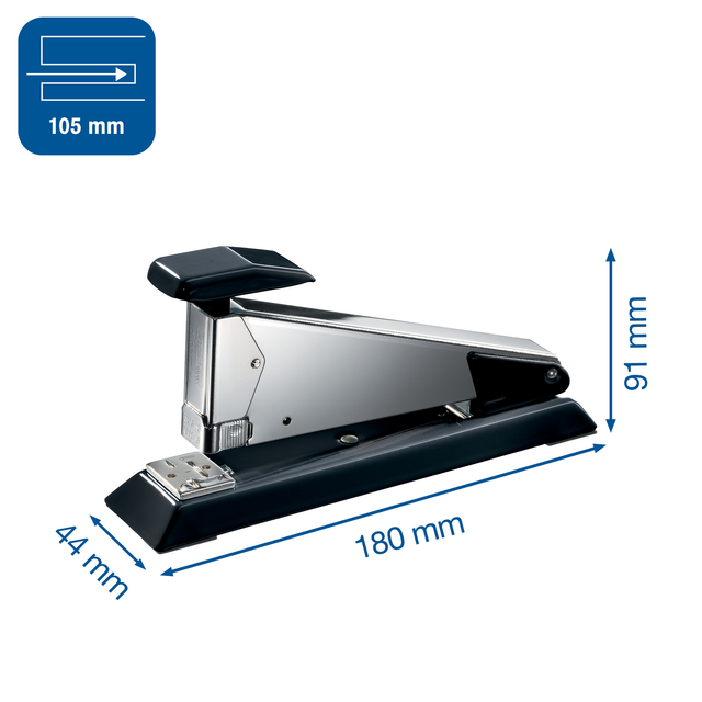 half-automatic stapler, stapler, metal body, black base, dimension 180 mm