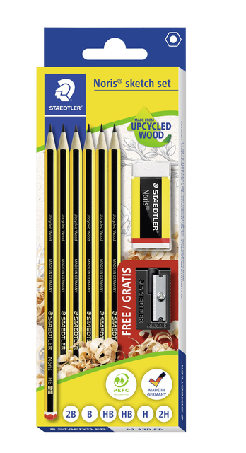 Potlood Staedtler Noris HB blister à 6 stuks met gum en gratis slijper Potlood Staedtler Noris HB blister à 6 stuks met gum en gratis slijper