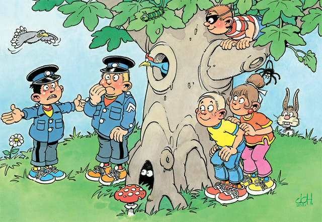 houtachtige boom, kindertekening, mensen onder boom, paddestoel, dieren en kinderen