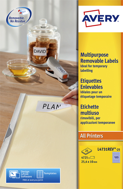 Etiket Avery L4731REV-25 25.4x10mm wit 4725 etiketten Etiket Avery L4731REV-25 25.4x10mm wit 4725 etiketten