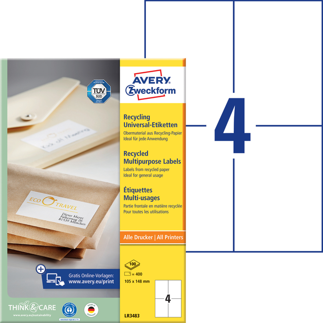 Etiket Avery Zweckform LR3483 105x148mm A6 recycled wit 400 etiketten