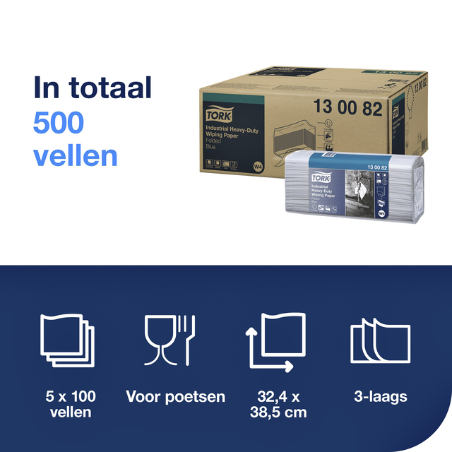 Reinigingsdoek Tork W4 Premium Industrial Heavy-Duty gevouwen 3-laags 5x100 vel blauw 130082