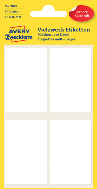 Etiket Avery Zweckform 3087 54x35mm wit 24 etiketten Etiket Avery Zweckform 3087 54x35mm wit 24 etiketten