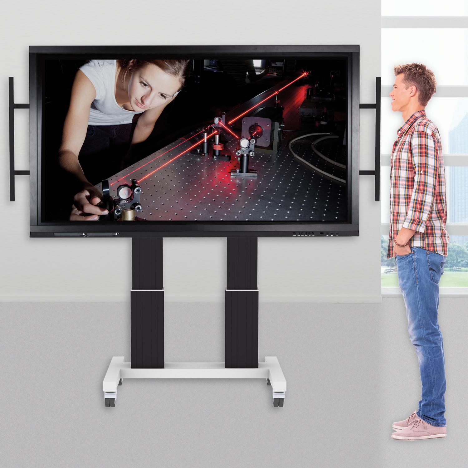 Elektrisch in hoogte verstelbare heavy duty XL tv-trolley, verrijdbaar monitorstatief met 70 cm slag en grote handgrepen