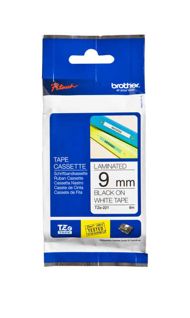 Labeltape Brother P-touch TZe-221 standaard 9mm zwart op wit Labeltape Brother P-touch TZe-221 standaard 9mm zwart op wit