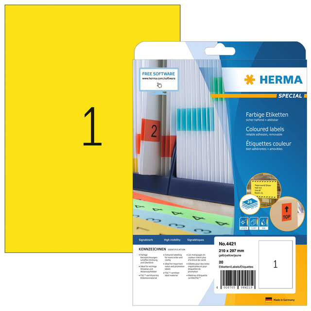 Etiket HERMA 4421 210x297mm verwijderbaar A4 geel 20stuks Etiket HERMA 4421 210x297mm verwijderbaar A4 geel 20stuks