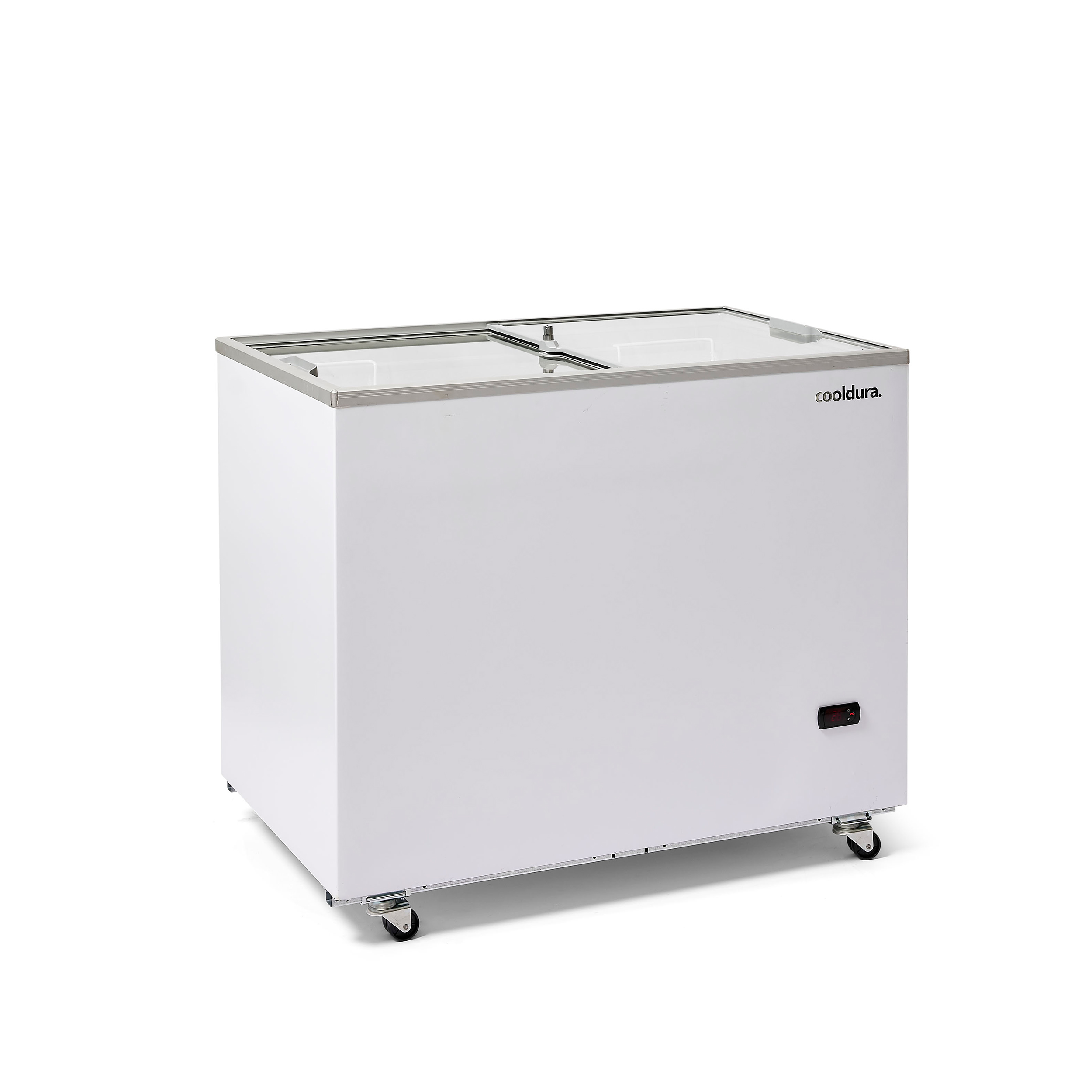 Cooldura Dubbele Koelkist/Vrieskist glazen schuifdeksel Cooldura Dubbele Koelkist/Vrieskist glazen schuifdeksel