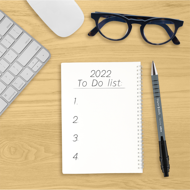 notebook, to-do list, pen, glasses, keyboard