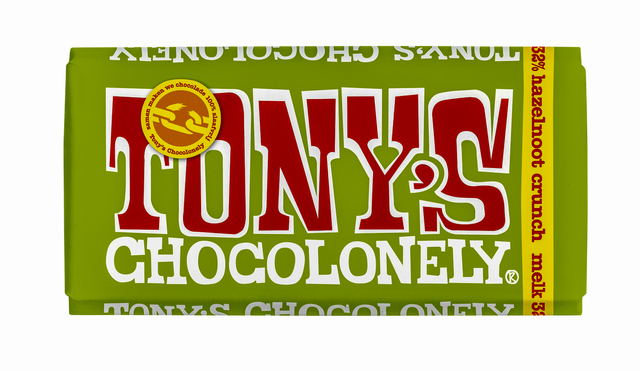 Chocolade Tony's Chocolonely melk hazelnoot crunch reep 180gr Chocolade Tony's Chocolonely melk hazelnoot crunch reep 180gr