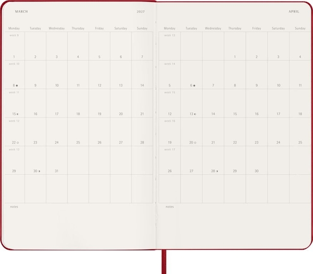 planner, calendar, open notebook, two-page spread, red hardcover