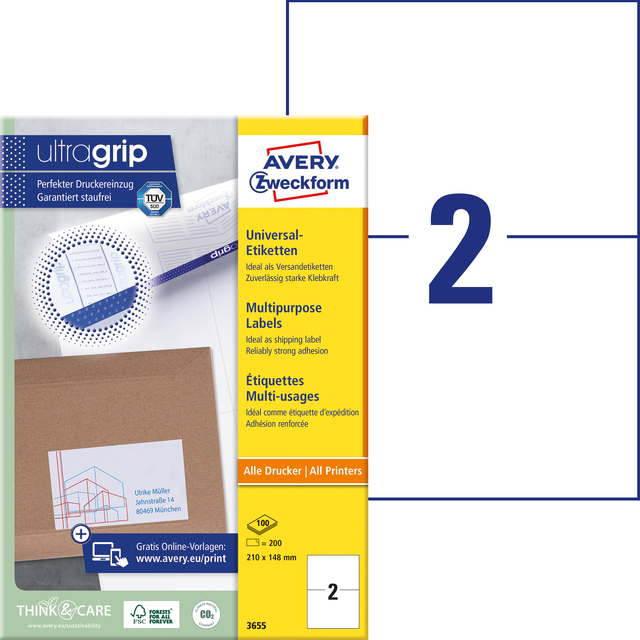 Etiket Avery Zweckform 3655 210x148mm A5 wit 200stuks