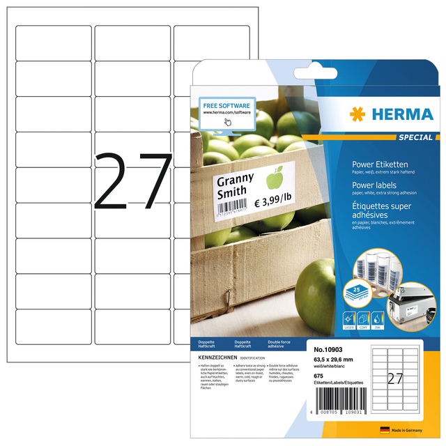 Etiket HERMA Power 10903 63.5x29.6mm wit 675stuks Etiket HERMA Power 10903 63.5x29.6mm wit 675stuks