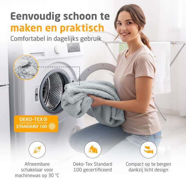 grijze deken, elektrische deken, afneembare schakelaar, machinewasbaar, Oeko-Tex Standard