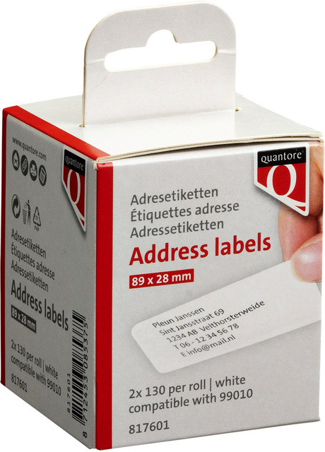 Labeletiket Quantore 99010 28x89mm adres wit 2 rollen