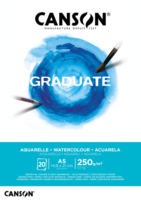 Aquarelpapier Canson Graduate Watercolour 20vel 250gr A5 natuurlijk wit Aquarelpapier Canson Graduate Watercolour 20vel 250gr A5 natuurlijk wit