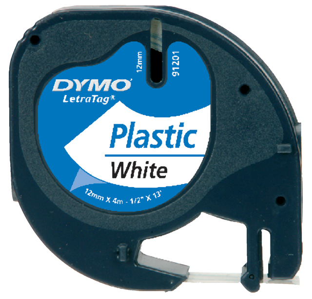 Labeltape Dymo LetraTag plastic 12mm zwart op wit Labeltape Dymo LetraTag plastic 12mm zwart op wit