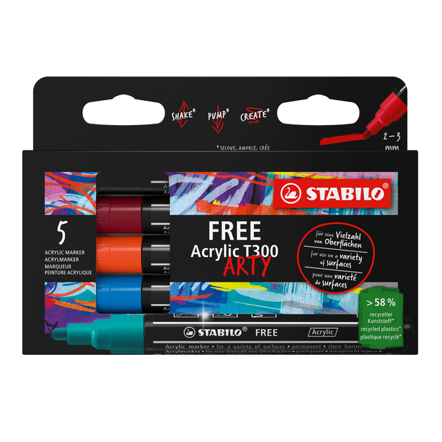 Acrylmarker STABILO  Free Acrylic T300 Urban assorti 5 stuks Acrylmarker STABILO  Free Acrylic T300 Urban assorti 5 stuks