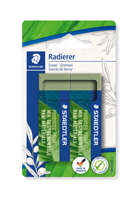 Gum Staedtler Eco 52680 65x23x10mm olijfgroen blister à 2 stuks Gum Staedtler Eco 52680 65x23x10mm olijfgroen blister à 2 stuks