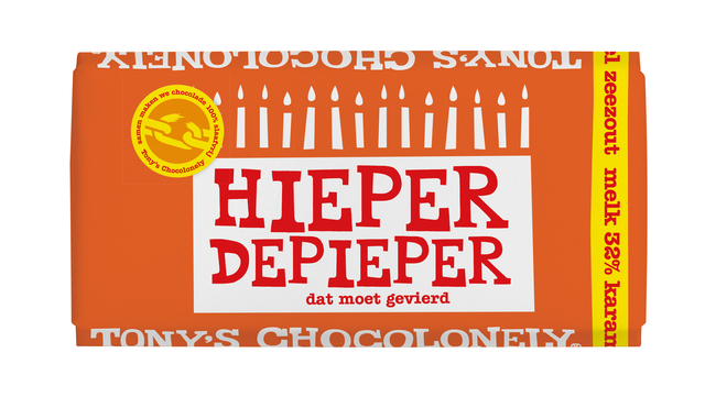 Chocolade Tony's Chocolonely melk karamel zeezout hieper de pieper reep 180gr Chocolade Tony's Chocolonely melk karamel zeezout hieper de pieper reep 180gr