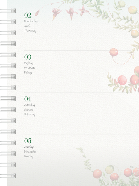 weekplanner, kalender, notitieboek, bloemig, rugband