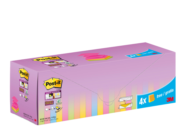 Memoblok 3M Post-it Z-Note R330 Super Sticky 76x76mm assorti kleur 20 + 4 gratis Memoblok 3M Post-it Z-Note R330 Super Sticky 76x76mm assorti kleur 20 + 4 gratis