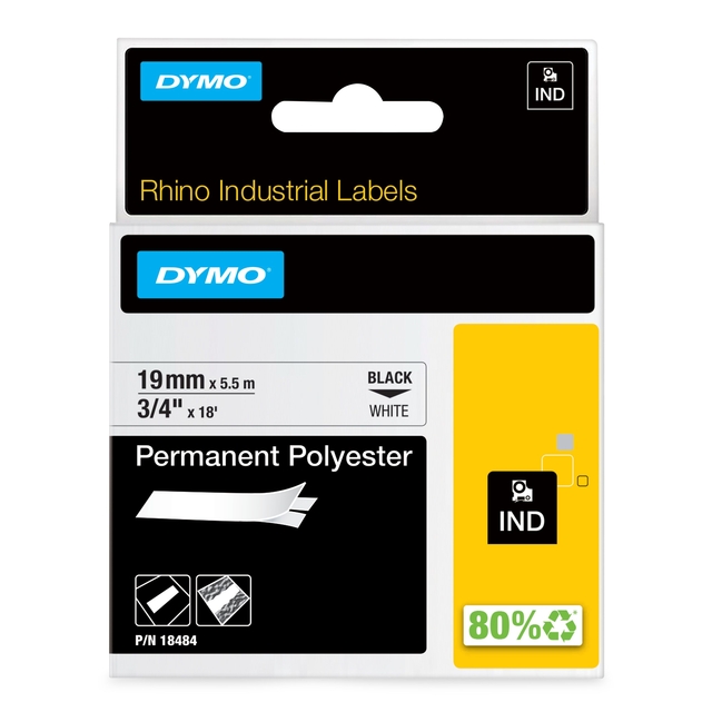 Permanent Polyester, Rhino Industrial Labels, Black White, 19mm x 5.5m, Indicating label