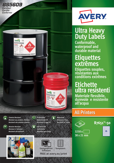 Etiket Avery B7651-50 38x21mm polyethyleen wit 3250 etiketten Etiket Avery B7651-50 38x21mm polyethyleen wit 3250 etiketten