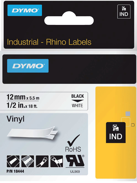 Labeltape Dymo Rhino industrieel vinyl 12mm zwart op wit Labeltape Dymo Rhino industrieel vinyl 12mm zwart op wit
