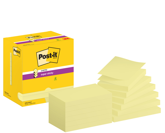 Memoblok Post-it Z-Note S350 Super Sticky 76x127mm geel 12 stuks Memoblok Post-it Z-Note S350 Super Sticky 76x127mm geel 12 stuks