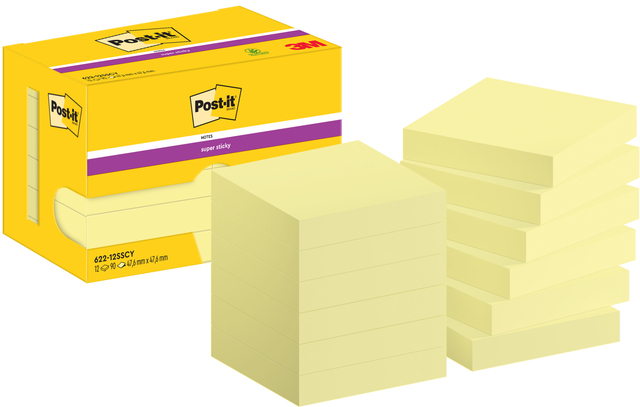 Memoblok Post-it 622 Super Sticky 47,6x47,6mm geel 12 stuks Memoblok Post-it 622 Super Sticky 47,6x47,6mm geel 12 stuks