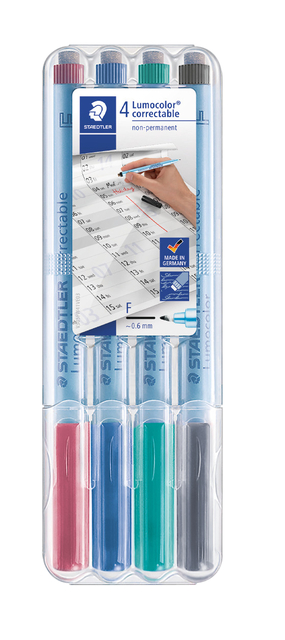 Viltstift Staedtler Lumocolor 305 non permanent correctable F set à 4 stuks Viltstift Staedtler Lumocolor 305 non permanent correctable F set à 4 stuks