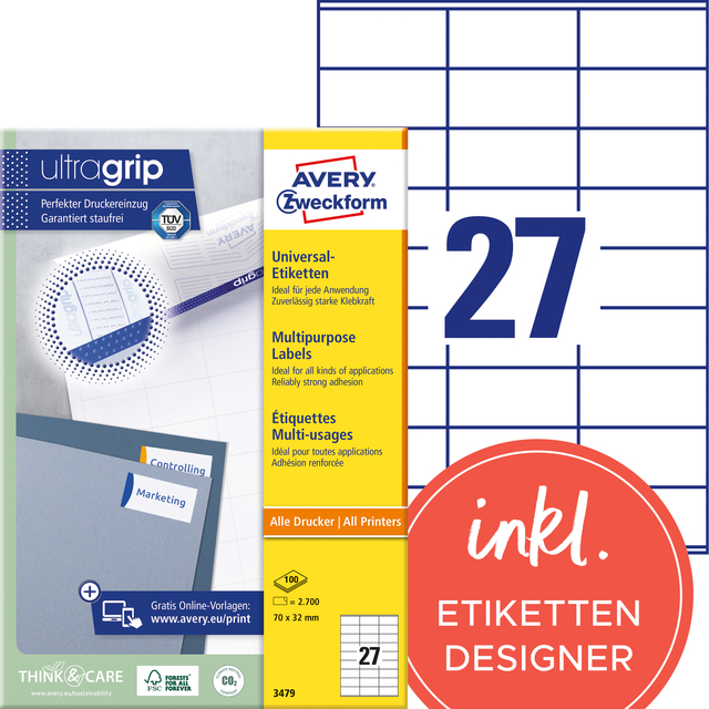 Etiket Avery Zweckform 3479 70x32mm wit 2700stuks
