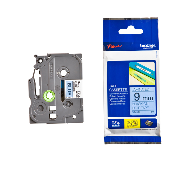 Labeltape Brother P-touch TZe-521 standaard 9mm zwart op blauw
