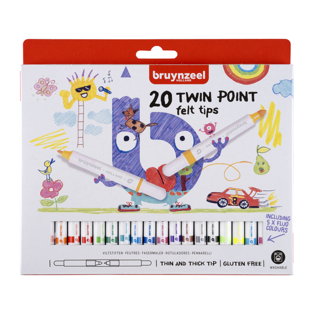 Viltstift Bruynzeel Kids Twin Point set à 20 kleuren Viltstift Bruynzeel Kids Twin Point set à 20 kleuren