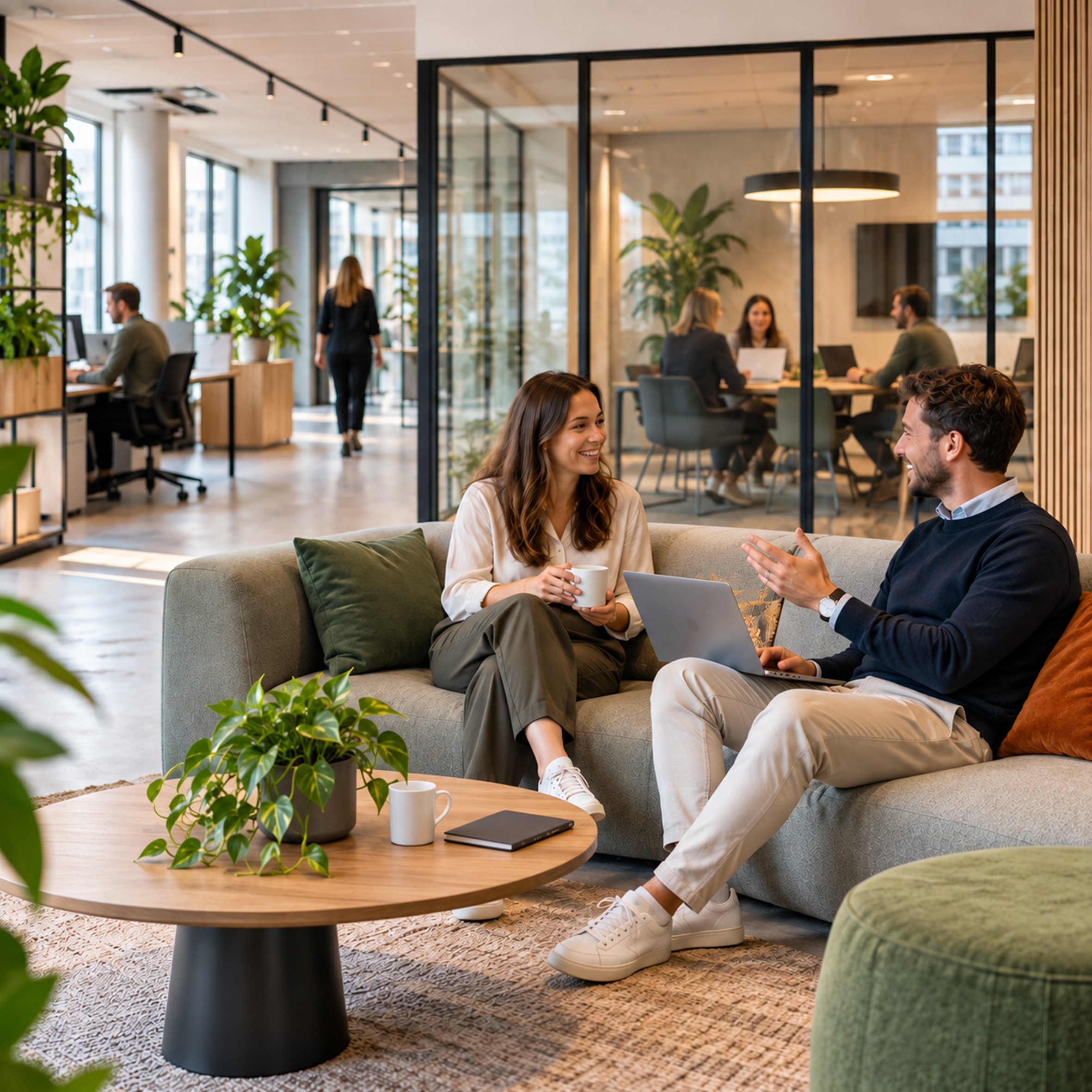 kantoor, koffiezetting, lounge, planten, laptop