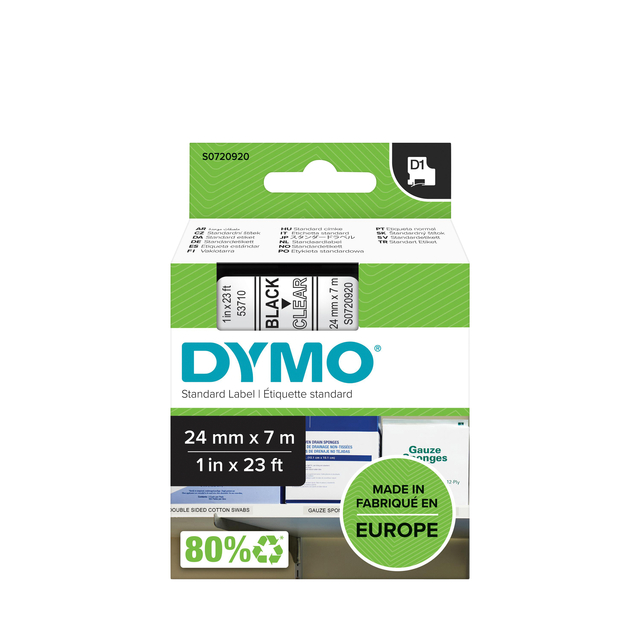 Labeltape Dymo LabelManager D1 polyester 24mm zwart op transparant Labeltape Dymo LabelManager D1 polyester 24mm zwart op transparant