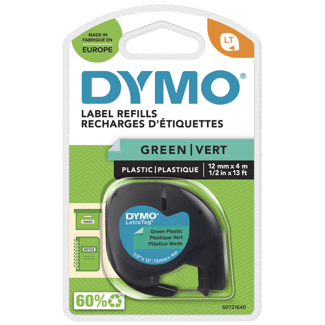 Labeltape Dymo LetraTag plastic 12mm zwart op groen Labeltape Dymo LetraTag plastic 12mm zwart op groen