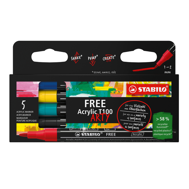 Acrylmarker STABILO  Free Acrylic T100 Royal assorti 5 stuks Acrylmarker STABILO  Free Acrylic T100 Royal assorti 5 stuks
