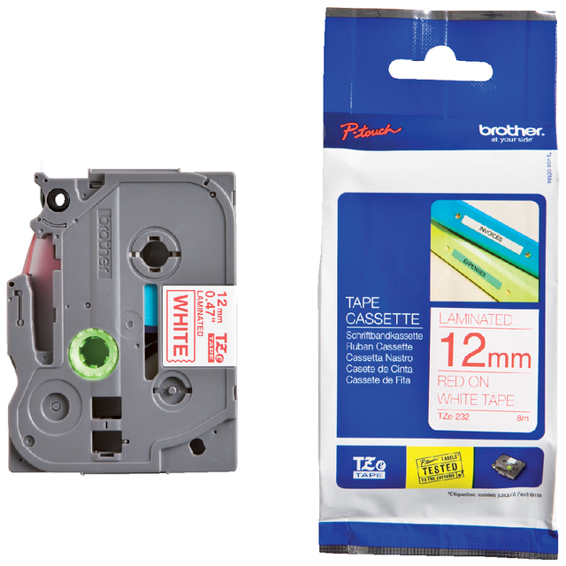 Labeltape Brother P-touch TZe-232 standaard 12mm rood op wit Labeltape Brother P-touch TZe-232 standaard 12mm rood op wit