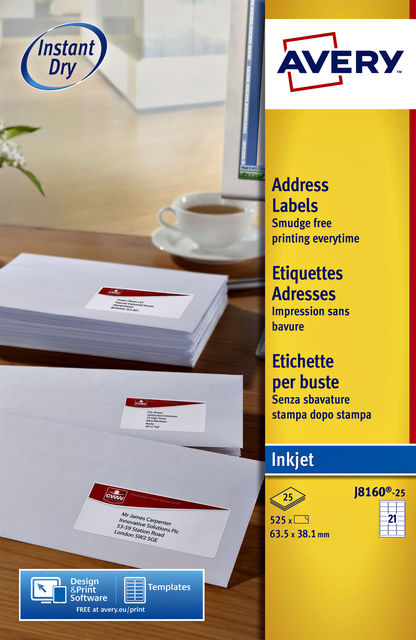 Etiket Avery J8160-10 63.5x38.1mm wit 210 etiketten Etiket Avery J8160-10 63.5x38.1mm wit 210 etiketten